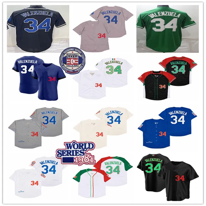 Homens Fernando Valenzuela Jersey 1981 Retro LA Azul Cinza Creme WS Hall of Fame Patch México Branco Preto Cânhamo-cinza Ed Jerseys Tamanho S-3XL