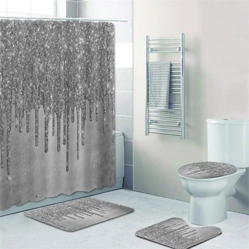 Trendiges Grau-Silber-Imitat-Metallic-Eis-Glitzer-Tropfen-Badezimmer-Duschvorhang-Set für glitzernde Nieselregen-Badteppiche, Heimdekoration 220429