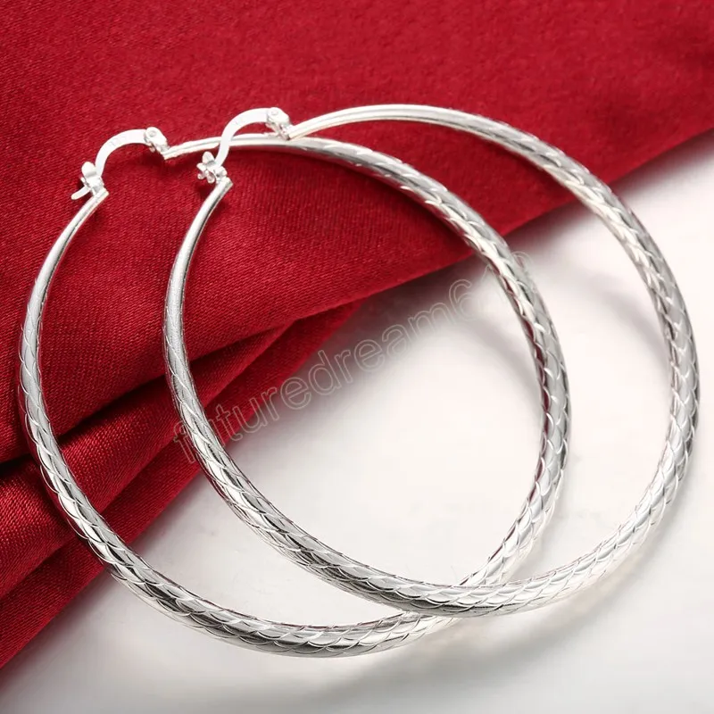 Boucles d'oreilles créoles couleur argent 925 pour femmes bijoux de mode 7CM boucles d'oreilles motif grand cercle vague cadeaux saint valentin