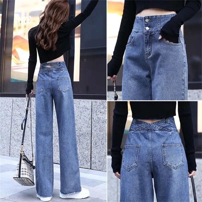 Jeans a gamba larga per donna Pantaloni larghi blu Vita alta Pantaloni dritti casual di grandi dimensioni Boyfriend Straight Mom Jeans Streetwear 220701