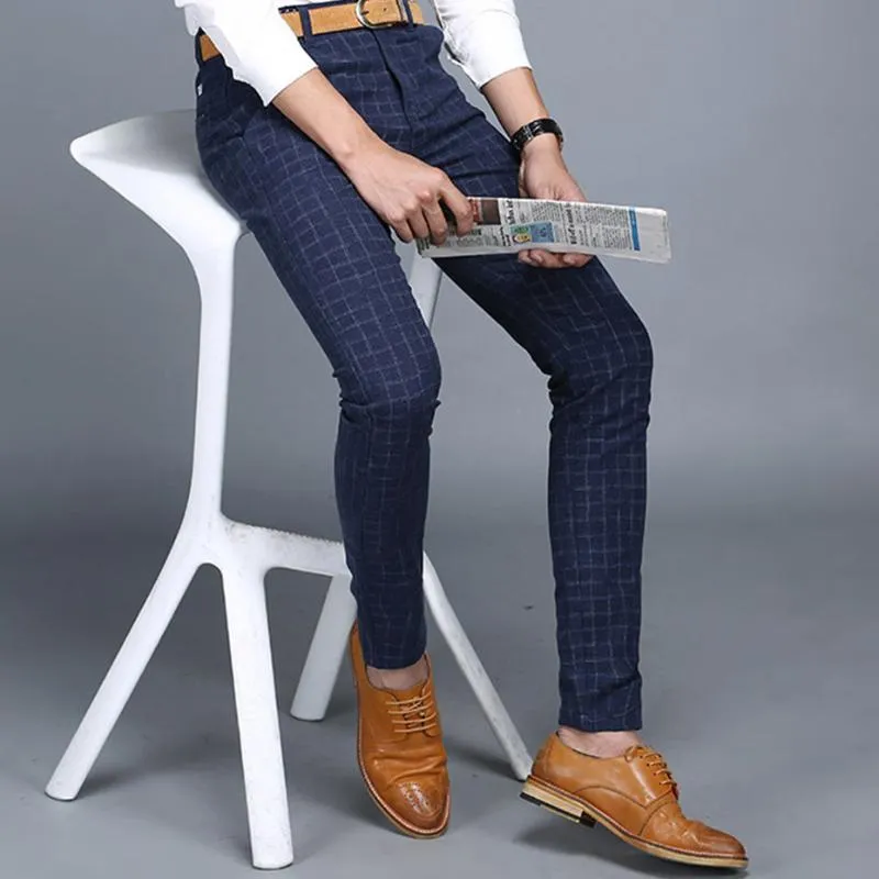 Mens Pants Plaid Check Men Dress Pant Slim Fit Blue Pantalon Costume Homme Summer For De Vestir Hombre From 14 15 DHgate