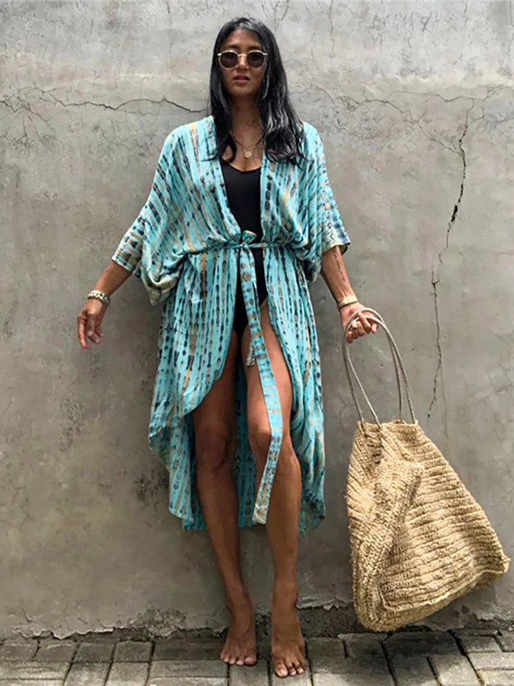 boho swim dress BloomChic Women's Plus Size Boho Print Waist-Tie Surplice Neck Swim Dress Greenbean Ethnic Floral Bowknot Hip-Flattering 22-24/3X