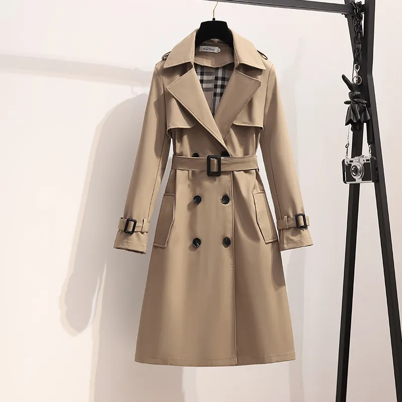 Damesleer Faux Leather Nieuwe Spring Engeland Stijl Women Windscheper losse middelgrote en lange elegante riemjas vrouwelijke casual trench jassen mujer