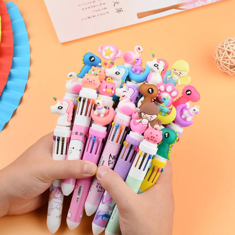 Flamingo-Einhorn-Cartoon-Stift, einziehbarer Kawaii-Regenbogen-Gel-Shuttle-Kugelschreiber, Stifte mit flüssiger Tinte, Zubehör, Büro, Geschenke, Kinder-Briefpapier, 10 Farben in 1