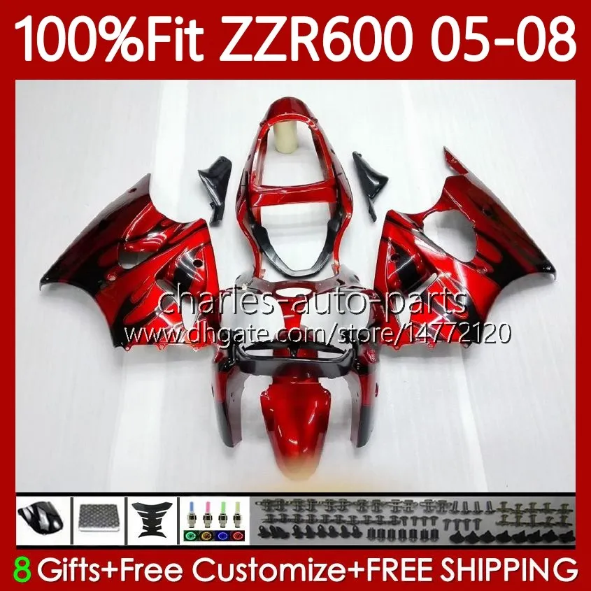 100% Fit OEM Body For KAWASAKI NINJA ZZR-600 600 CC 600CC 05-08 Bodywork 134No.6 ZZR 600 ZZR600 05 06 07 08 2005 2006 2007 2008 Injection Mold Fairing Kit black flames