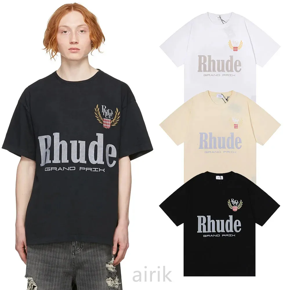 RHUDE T-shirt da uomo Marchio di moda americano Grand Prix T-shirt a maniche corte in cotone doppio filato sciolto per studenti e studentesse