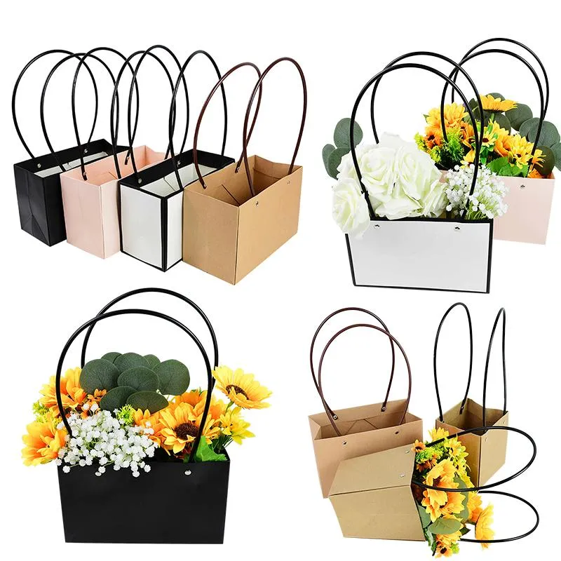Hediye sargısı taşınabilir çiçek kutusu su geçirmez kağıt kullanışlı çanta kraft kutuları düğün partisi çiçekçi gül paketi çantalar kek şeker elle