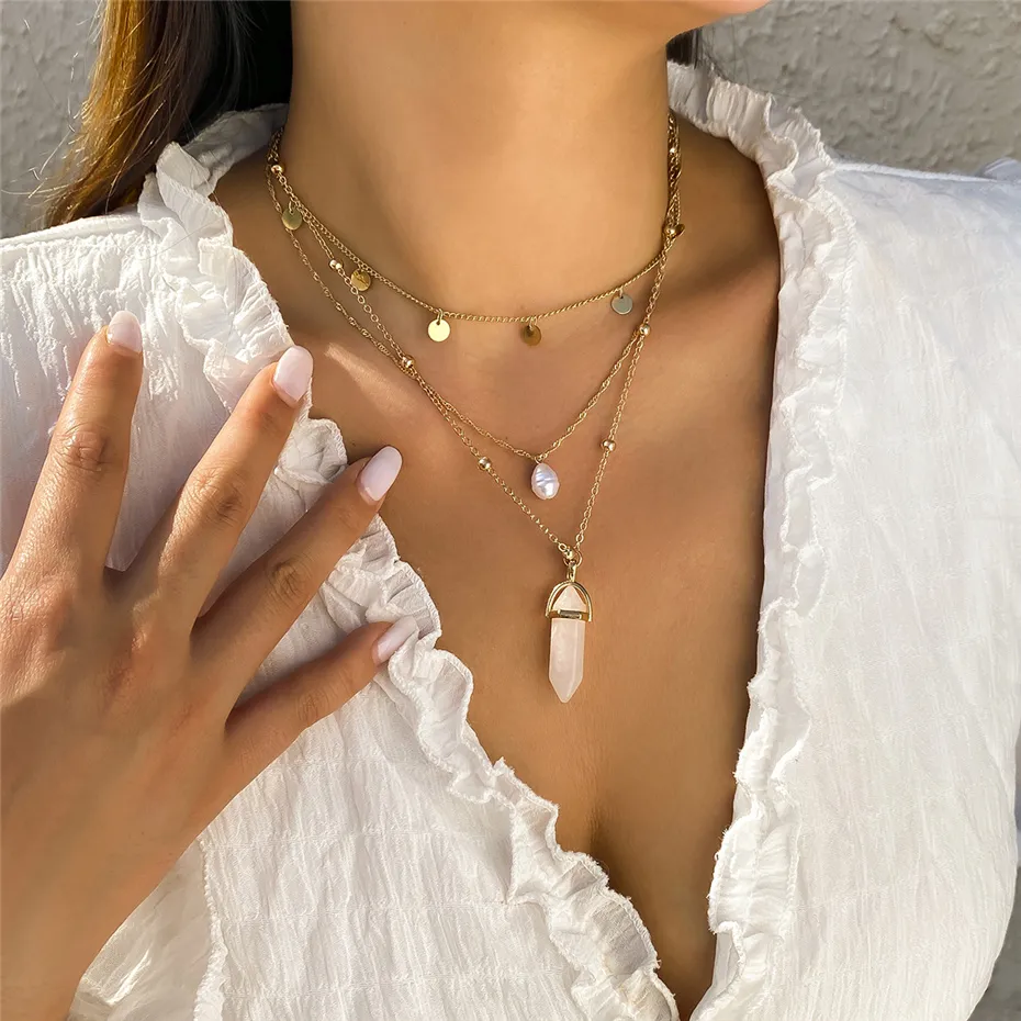 Temperament Natural Stone Crystal Pearl Pendant Necklace for Women Wedding Bridal Quartz Hexagonal Column Choker Y2K Jewelry New