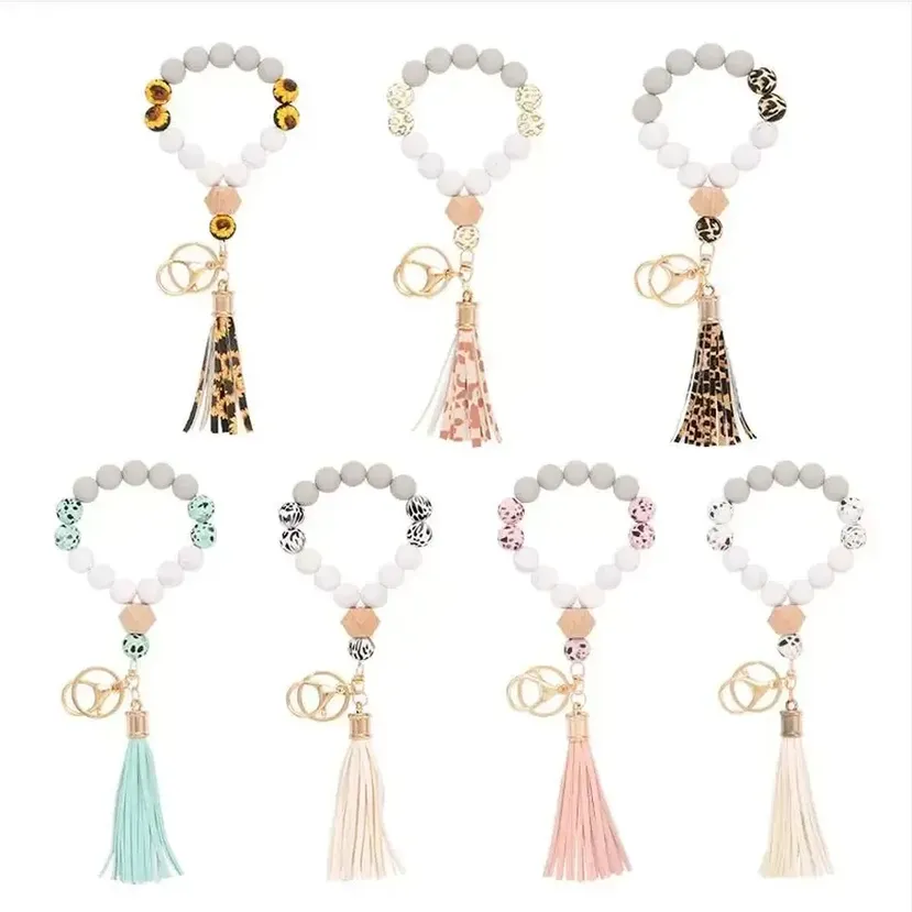 Silikonpärlarmband Kvinnlig Tassel Key Chain Favor Pendant Armband Gummi armband Fashion Keychain Wristlet Bandles Holder Wrist Ring Jewelry B0801