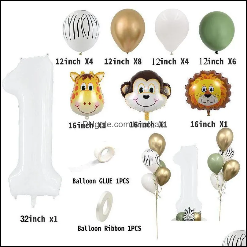 Party Decoration 28pcs Wild One Animal Balloons Set With White Number Balloon For Kids Boy Jungle Birthday Supply