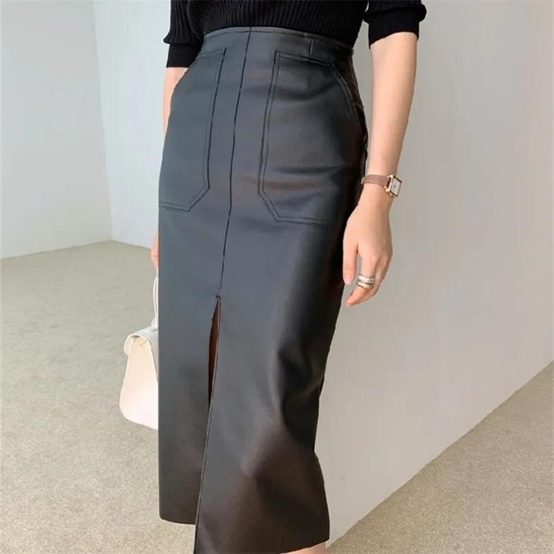 Spring Women PU Leather Skirts High Waist Pockets Package Hip