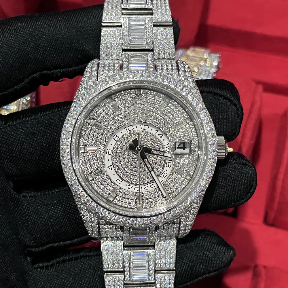 Diamantuhr, hochwertige Iced Out-Uhr, voll funktionsfähig, Automatikwerk, 42 mm, Silber, zwei Steine, wasserdicht, 904-Edelstahl, 278 x
