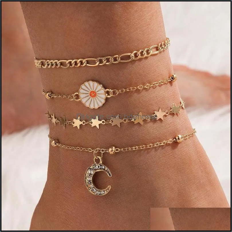 Anklets Jewelry Daisy Flower Five Winted Star Moon 4-częściowy zestaw europejski i amerykański łańcuch stóp plażowy hurtowa dostawa 2021 CTMW4