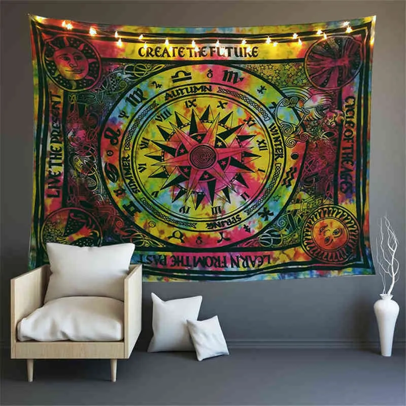 Astrologia Tie Dye Carpet Parede Estrelas suspensas Sun Totem Room Decoração Hippie Witchcraft tapeçaria Mandala Carpet Jesus Gobelin Tapiz J220804