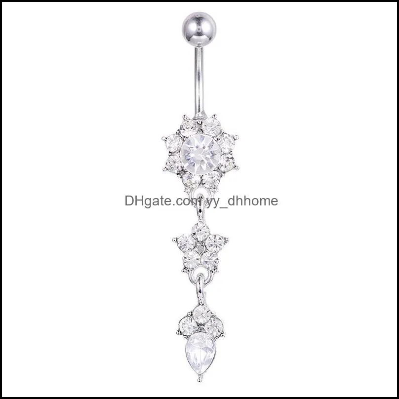 Sexy Dangle Belly Bars Belly Button Rings, Auniquestyle Belly Piercing CZ Crystal Flower Body Jewelry Navel Piercing Rings 265 Q2