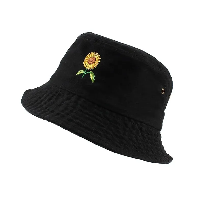 Summer Vintage Sunflower Embroidery Cotton Bucket Hat Women Men Travel Cap Fisherman Hat Chapeau bob homme Panama Hats 220630
