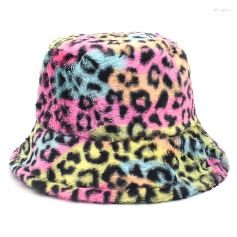 Unisexe hiver chaud moelleux en peluche seau chapeau multicolore léopard lait vache imprimé large bord Harajuku Panama pêcheur casquette chapeaux Elob22