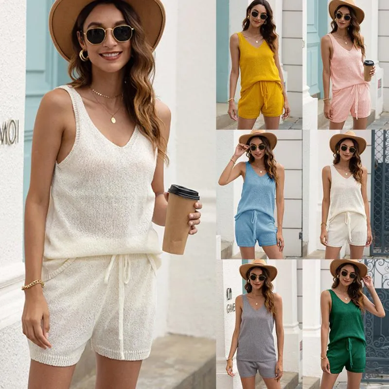 Women's Tracksuits Spring/summer Beach Bikini Top Knit Vest Solid Color Hollow Out Swimsuit Two SetsWomen's