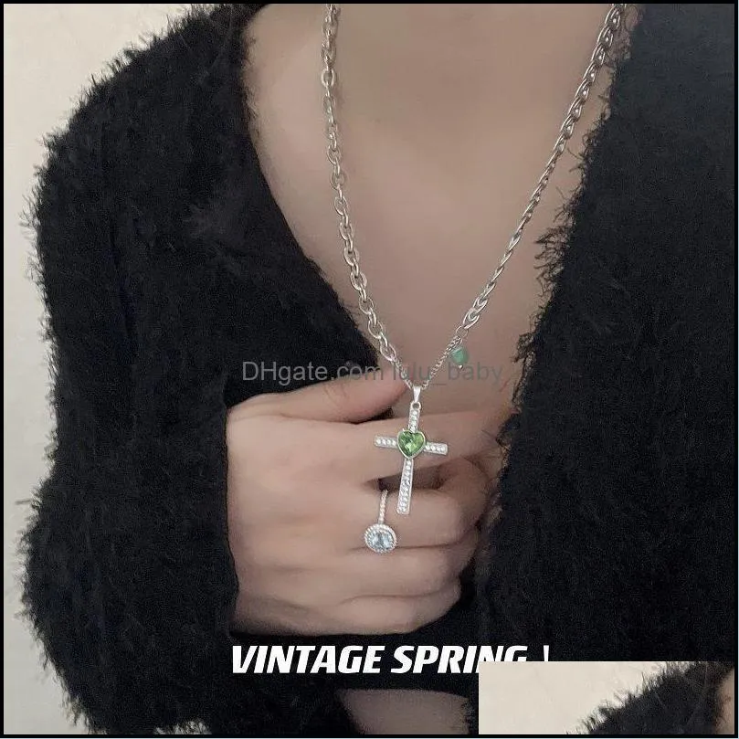 pendant necklaces 2022 fashion metal chain green zircon full rhinestone cross necklace for woman heart jewelry wholesale