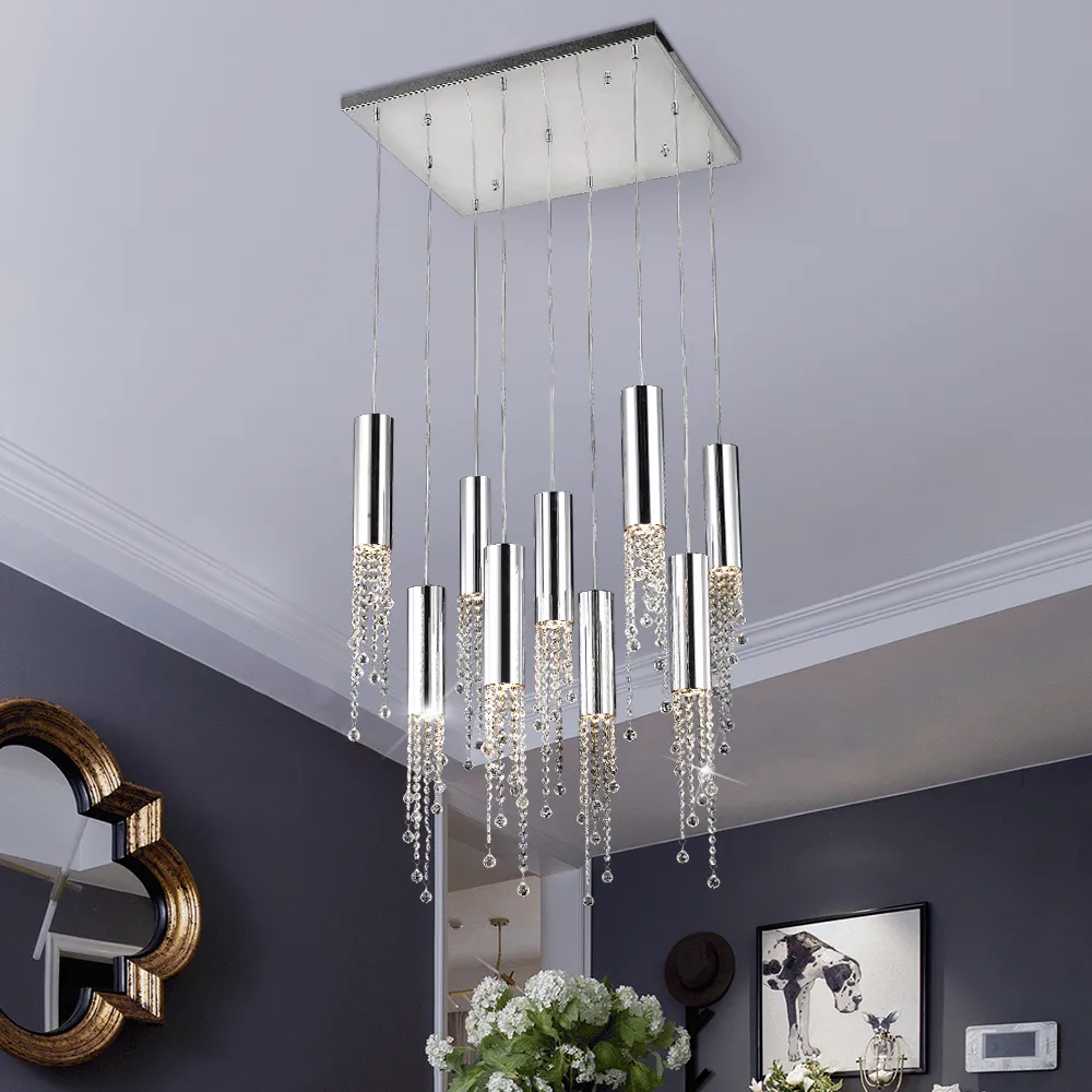 Moderne kristallen hanger luxe diamanten trap hangende led -lampen chroom lichten armaturen voor trap loft villa lobby woonkamer