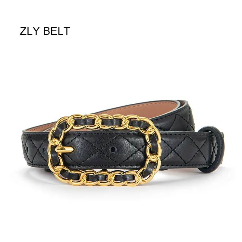 Fashion Belt Women Men Unisex Cowskin Leather Material Metal Chains Pin Buckle Rhombic Pattern Luxury Brand Designer 220712