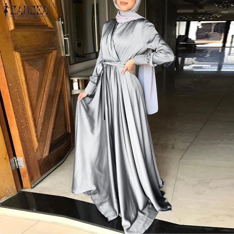 Ethnic Clothing Women Full Sleeve Muslim Fashion DressCasual Loose Elegant Clubbing Long Sundress Belted Party Faldas Largas Kaftan R