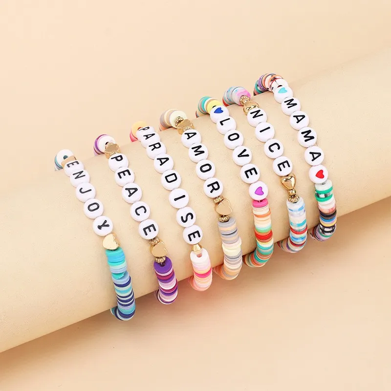 Bunte Polymer Clay Disc Perlen Stränge Armband INS Style Initial Bead Armbänder für Sommer Frauen Geschenk