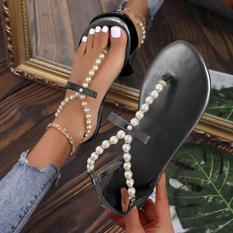 Flat Sandals Fashion Pearl Women Casual Flip Flops Large Size Non-slip Outdoor Footwear Ladies Luxury Shoes 2022 Female Slippers Y220412