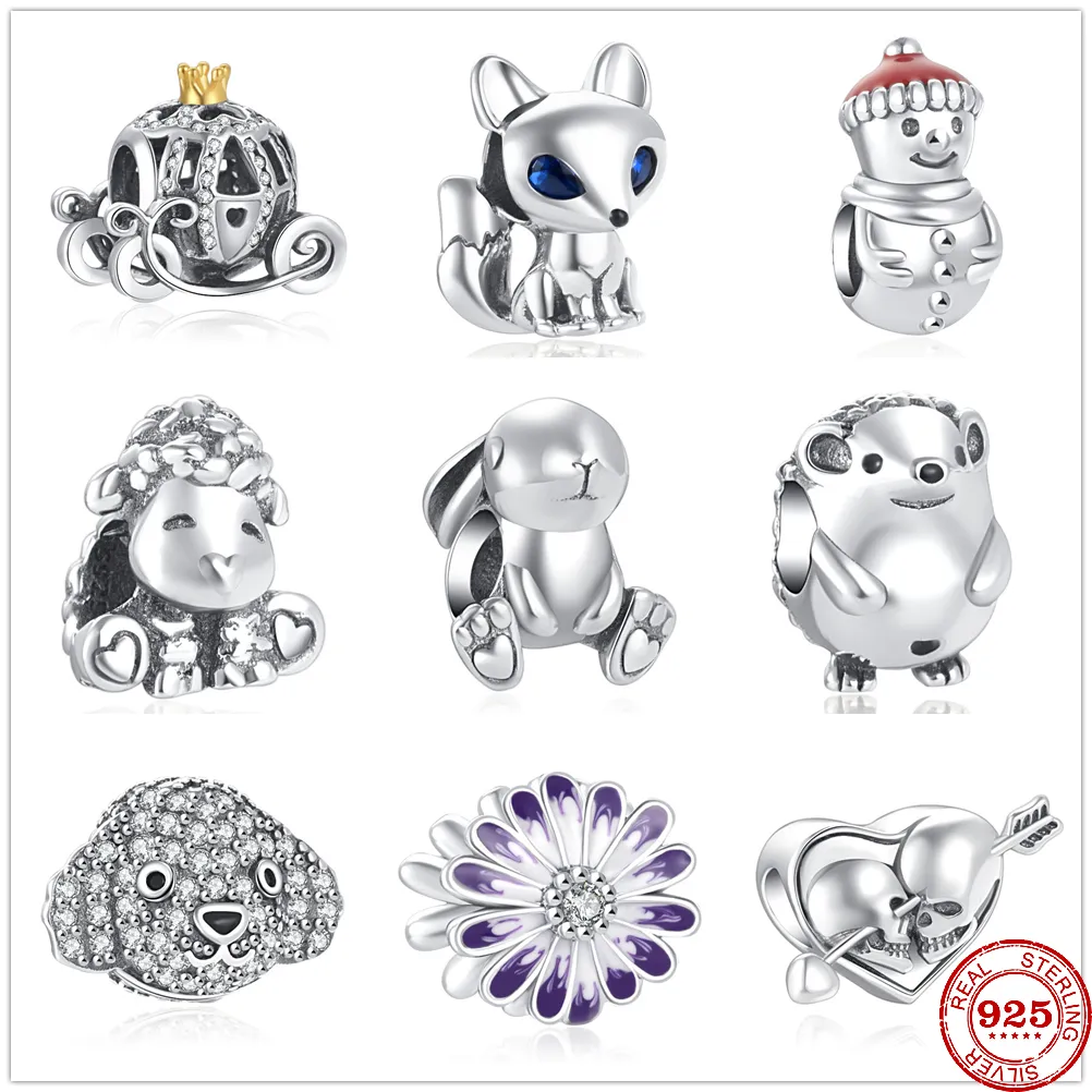 925 Silver Fit Pandora Charm 925 Bransoletka Śliczna królik owca pies pies hedgehog Snowman Fox Diy Charms Zestaw wisiorek