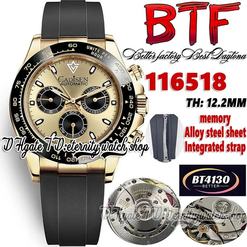 BTF Better Factory BT116518 MENS Titta på Cal.4130 SA4130 Kronograf Automatisk TH 12.2mm Black Ceramics Bezel Gold Dial 904l Steel Case Gummistem Eternity Watches