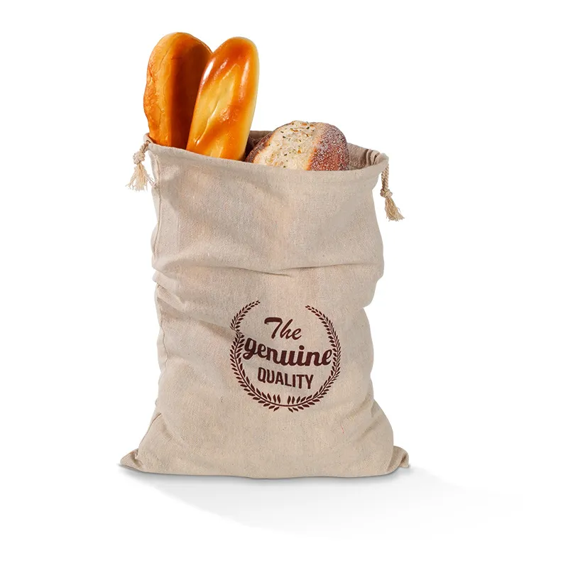 Sac à pain en lin Baguette Pochette à cordon Bagel Bun Sac de rangement Conteneur de nourriture pour la maison Sac de rangement réutilisable en coton biologique naturel