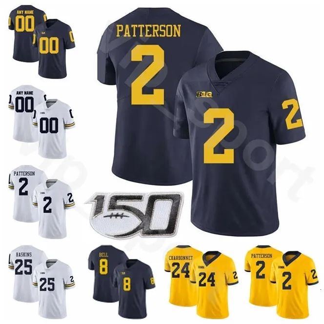 Chen37 Homme Femme Enfants NCAA Football College 24 Zach Charbonne Jersey Michigan Wolverines 2 Shea Patterson 25 Hassan Haskins Ronnie Bell Tru Wilson