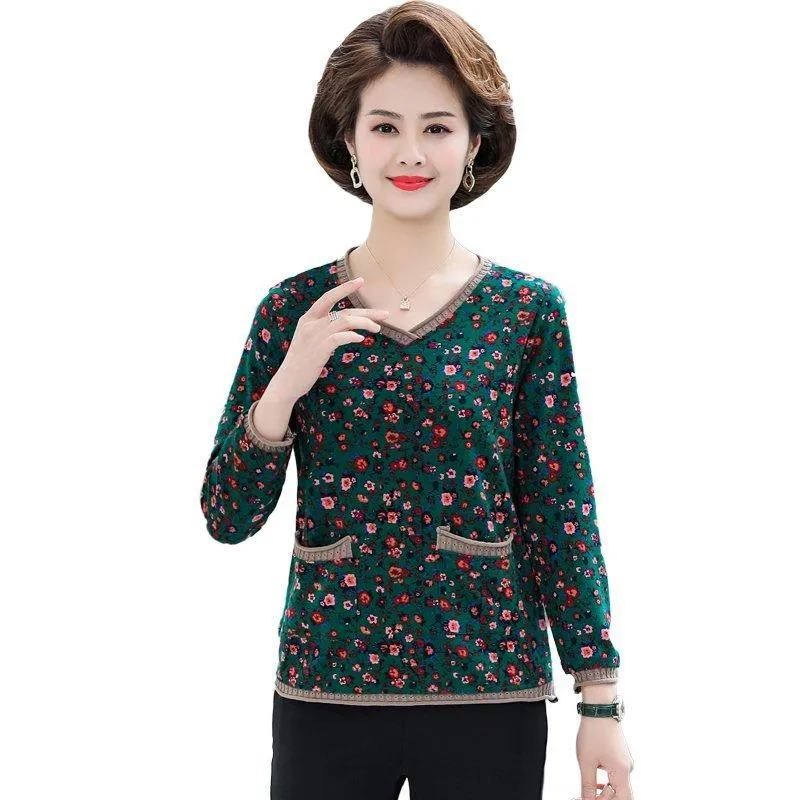 Dames T-shirt Middle Aaged Women Elastic V-Neck Slim Blouse Tops vrouwelijke lente en herfst bloemenprint lange mouw shirt pullofwomen's