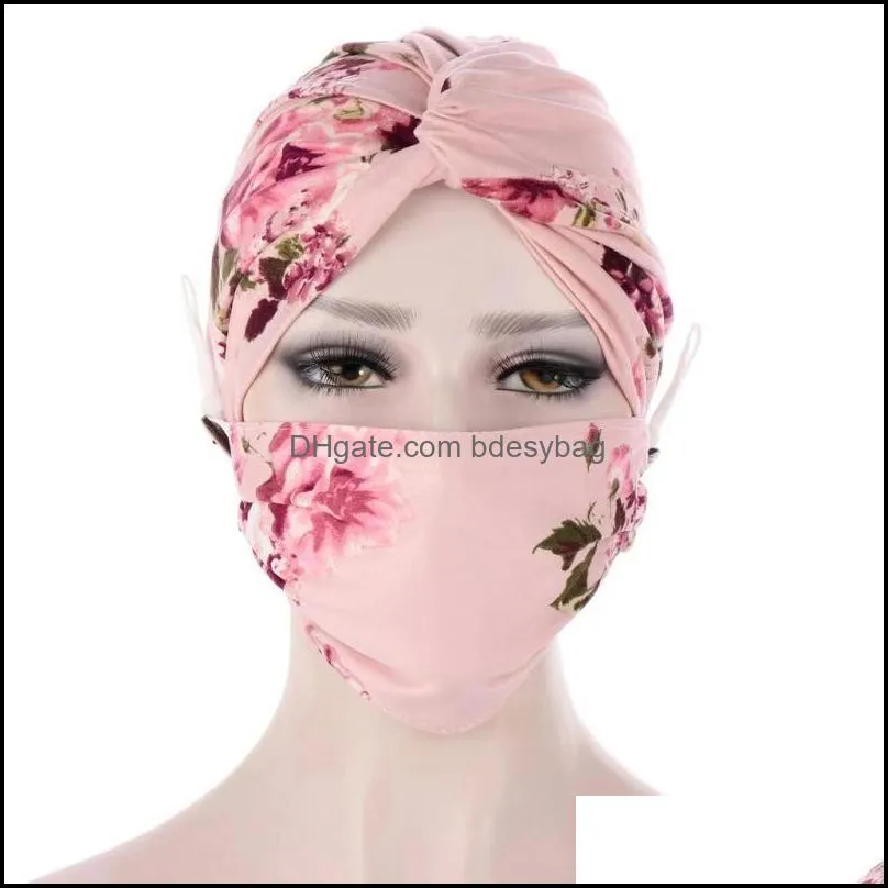 Berets Muslim Hijab Scarf Twist Bonnet Night Hat With Masks Floral Print Head Cover Mask India African Women Fashion Wraps Turban