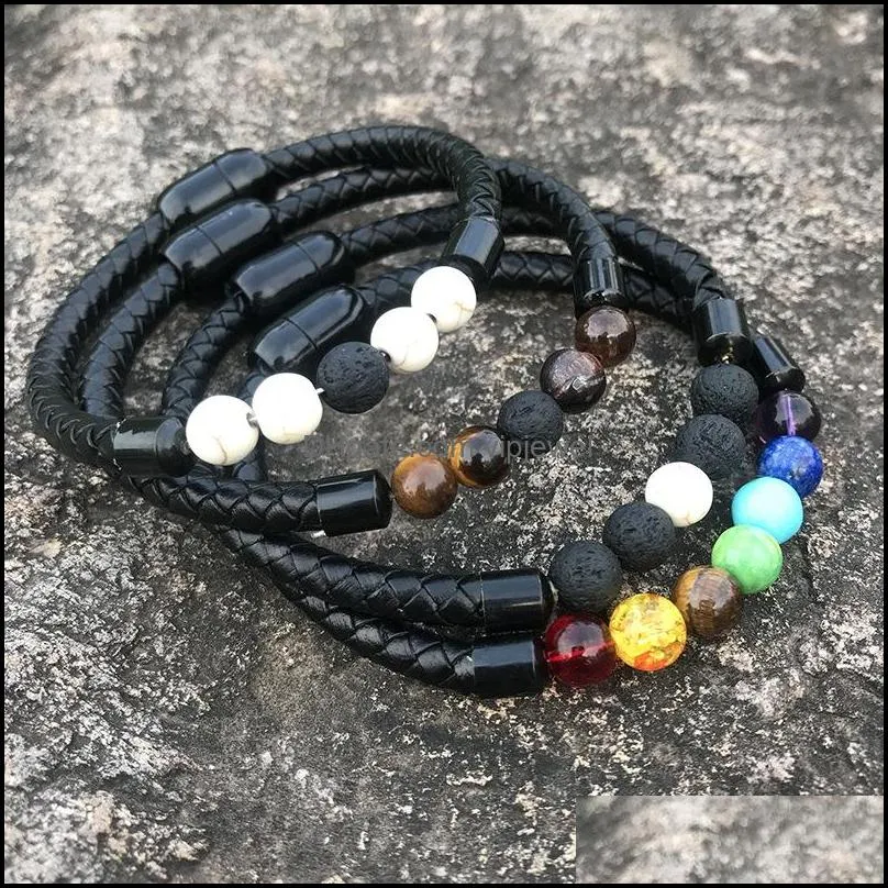 fashion leather lava chakra stone beads  oil diffuser braceletbracelet black stainless bracelets & bangles for men punk