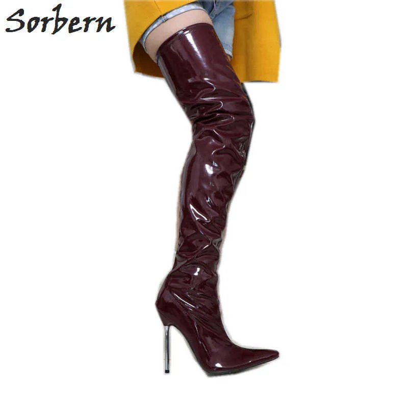 ソーバーンスティレットスメタルハイヒールのブーツのための光沢のある伸縮性のあるクロッチショーブーツセクシーフェチ大腿ハイ
