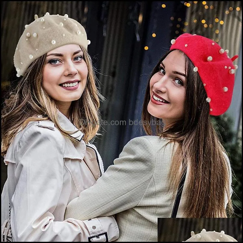 berets french beret hat women girls princess pearl woolen plain beanie autumn winter warm wool street hats caps cotton cap