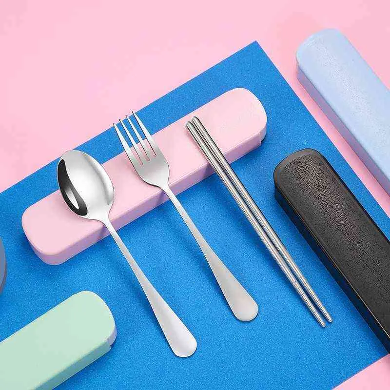 3pcs/set Stainless Steel Cutlery Set Travel Portable Box Fork Spoon Chopsticks Kitchen Tableware Dishes Sets Dinnerware Y220530