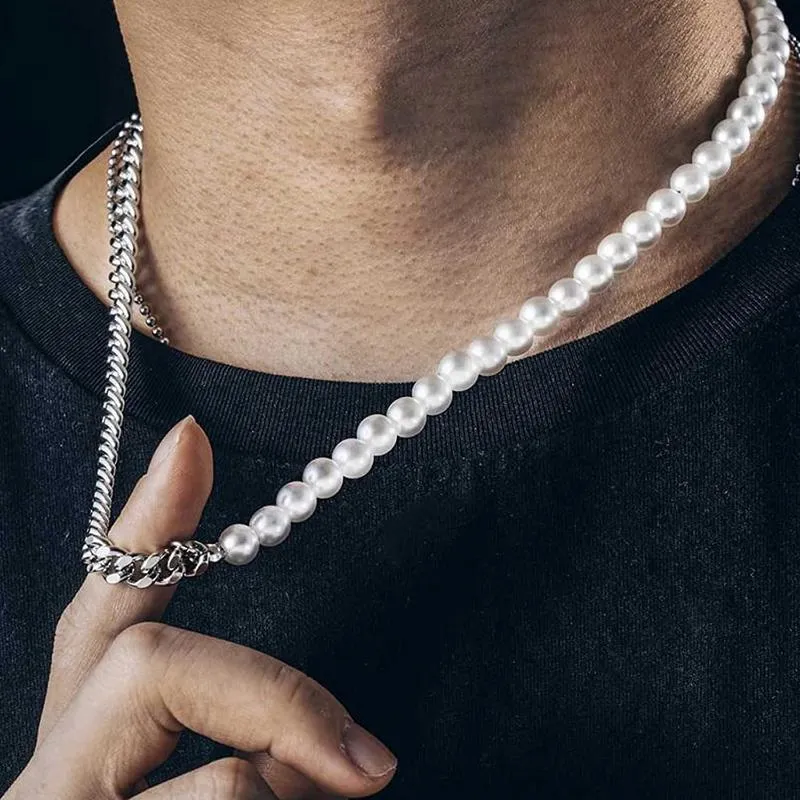 Men's Women's Pearl Cuban Link Chain Necklace | Stainless Steel Choker | Silver & Gold Statement Jewelry