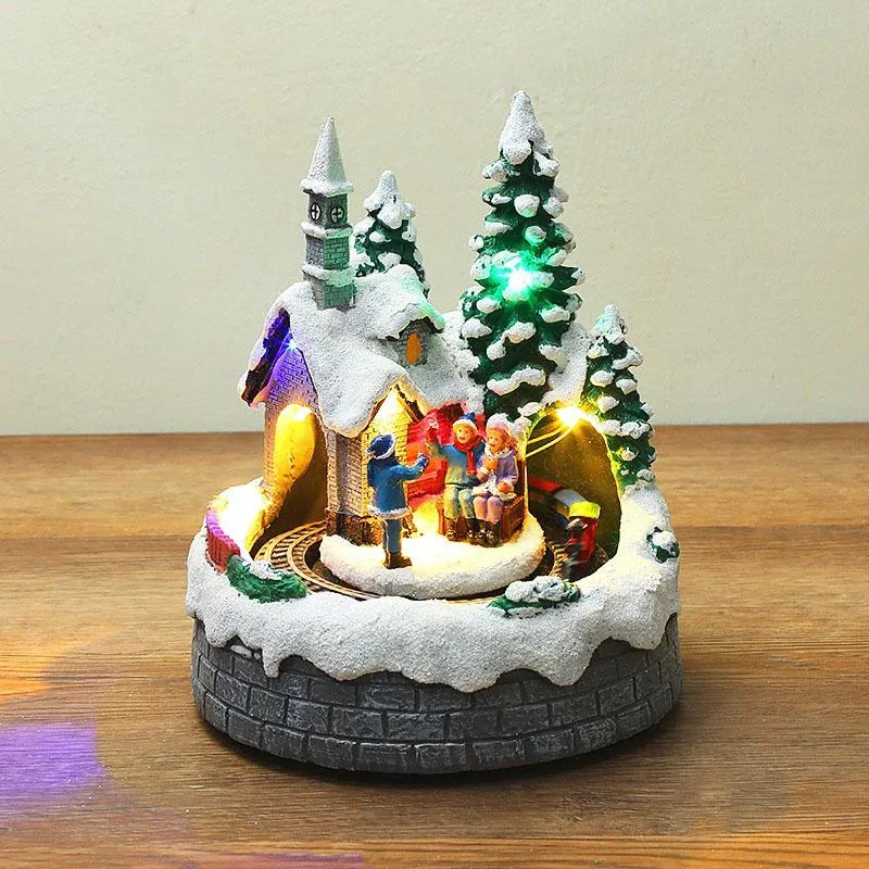 Objets décoratifs Figurines Décoration de Noël musicale Ornement de Noël en mouvement avec résine légère Statue de maison enneigée Vacances d'hiver saisonnières