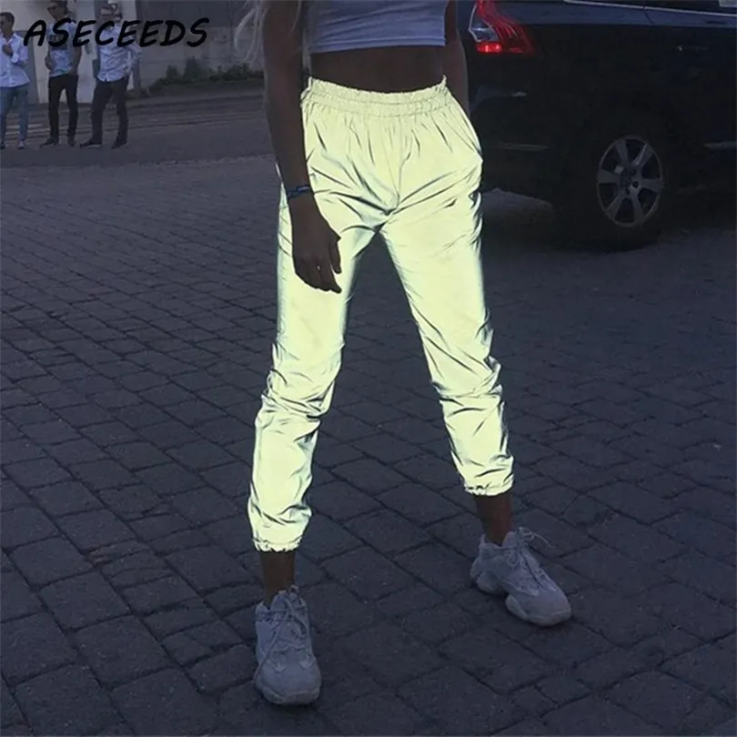 Yüksek Bel Flaş Yansıtıcı Pantolon Kadın Joggers Sıradan Gri Sweetpants Street Giyim Pantolonları Kore Harem Pants Sokak Giyim T200223