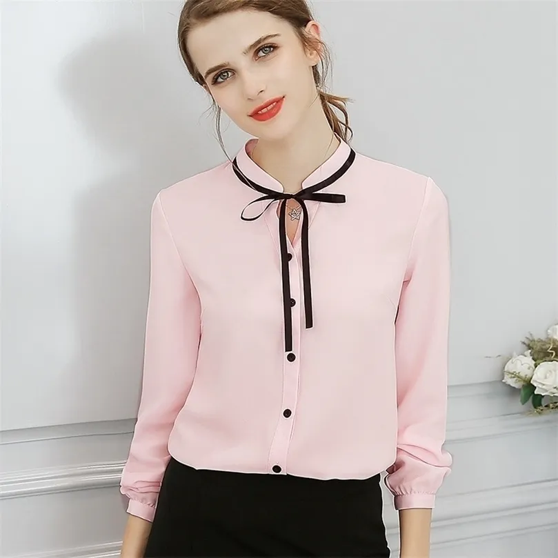 Femmes Blouses Automne Tops Bureau Dames En Mousseline De Soie Blouse À Manches Longues Arc Mince Chemise Blanche Moulante Chemises De Travail Blusas Mujer 210308