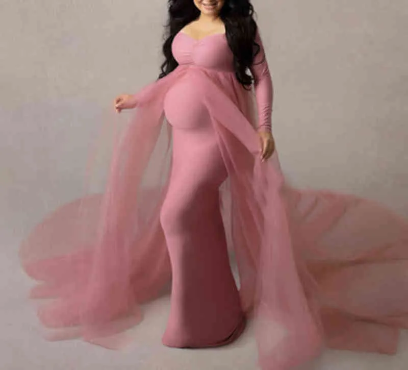 Summer Maternity Tulle Long Dresses Baby Shower Vestido de algodón Strethery Fotography Vestido de mangas largas M L J220531