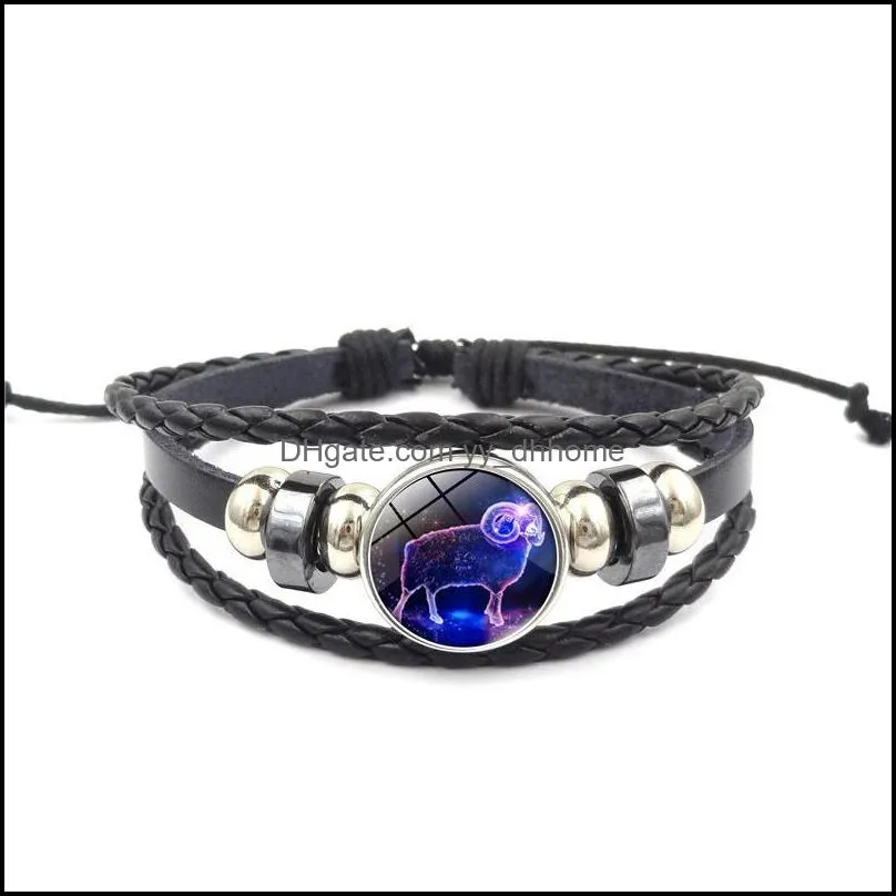 12 constellation jewelry with glass cabochon scorpio gemini zodiac signs bracelet handmade leather bracelet bangle for unisex