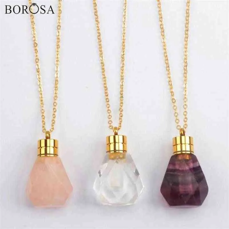 Collier de bouteille de parfum naturel en fluorite en cristal doré, quartz rose, diffuseur d'huile essentielle, pendentif breloque pour femmes G1979287i