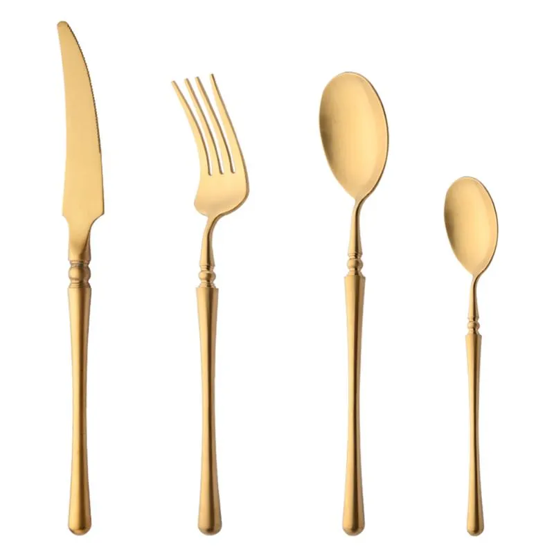Flatvaruuppsättningar Vintage Western Gold Matte Cutlery 1/2/4Set Dining Knife Fork Teskoon Set Luxury Dinnerware Table Seary för Kitchenflatware Set