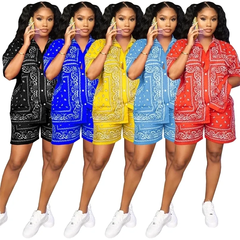 Adogirl Fashion Paisley Bandana Print 2 Two -Piece Set Tracksuit Short Sleeve Shirt Shorts Set Female Outfits Matching 220708