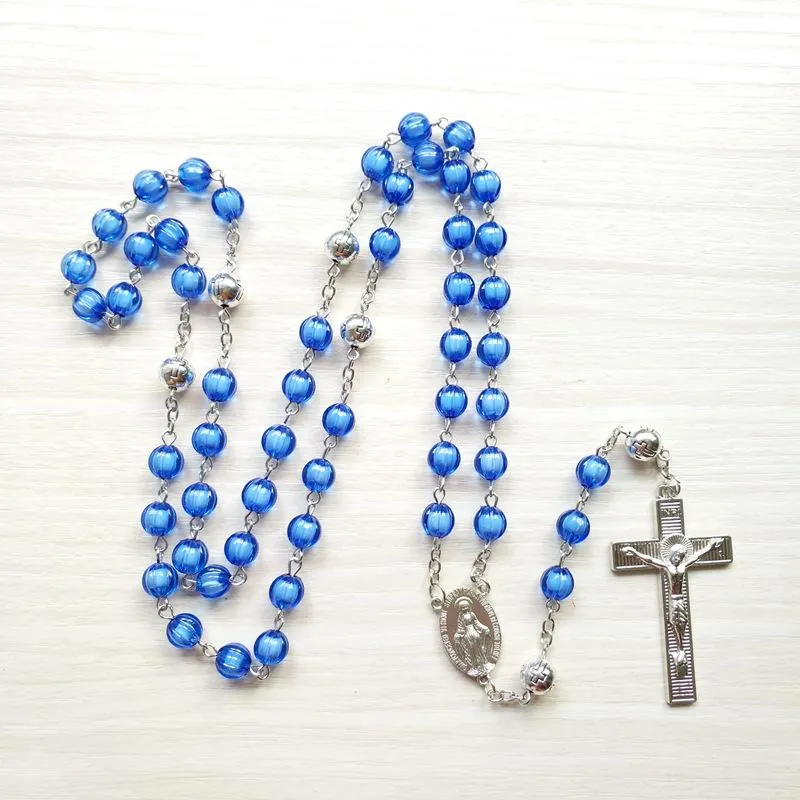 Pendant Necklaces Blue Acrylic Rosary Necklace Catholic Long Cross For Men Women Religious JewelryPendant