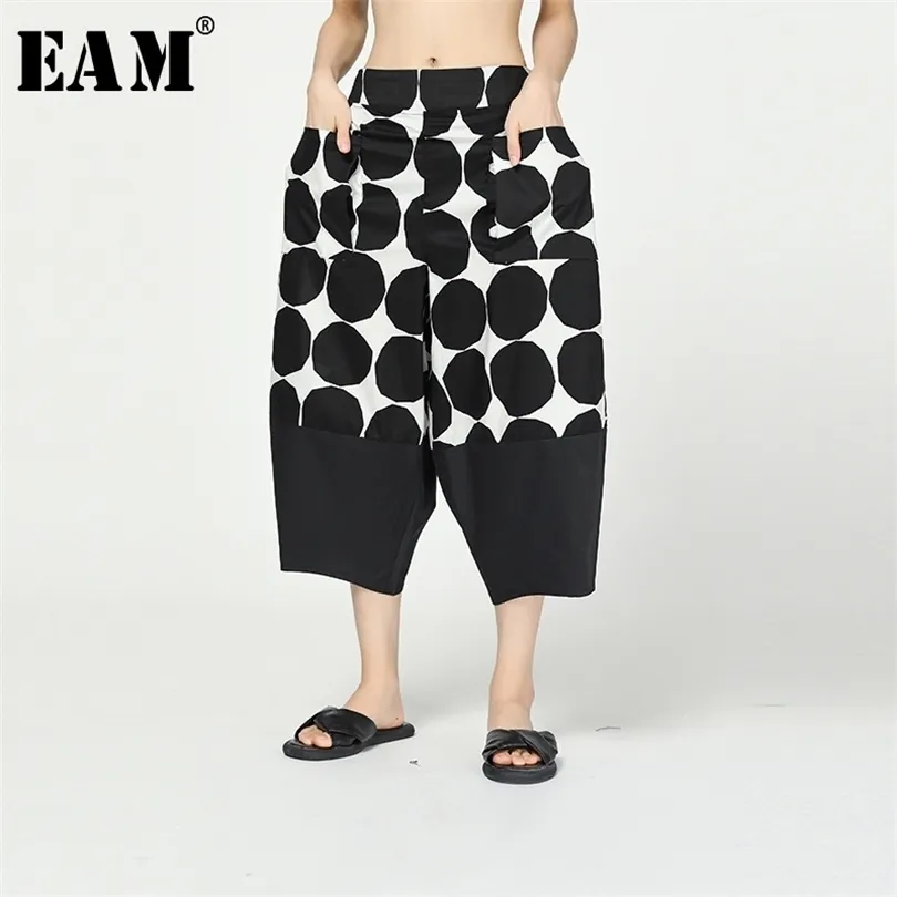 EAM taille haute élastique noir point imprimé fendu sarouel nouveau pantalon coupe ample mode printemps automne 1R297 201012