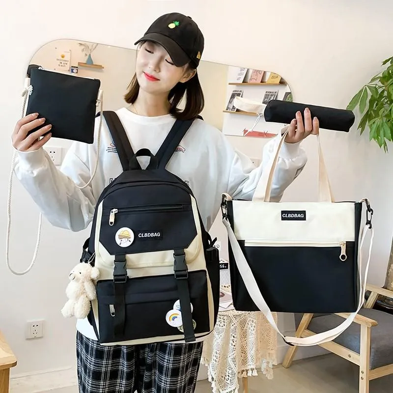 Sacs d'école 4 pièces ensembles femmes sac à dos toile pour adolescentes filles Kawaii Bookbag